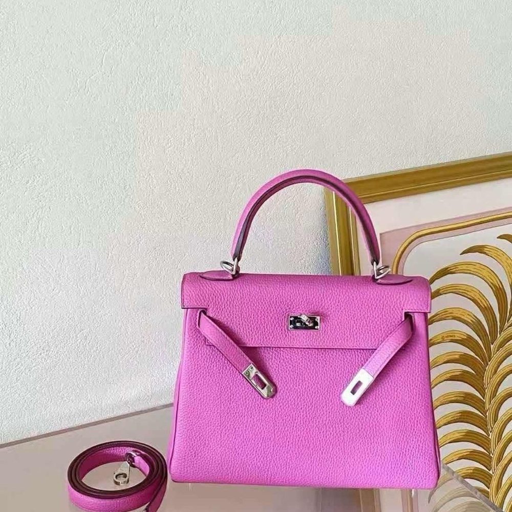 SOLD Hermes Kelly k25 magnolia vibrant pink Togo leather handbag with strap